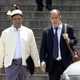 The president of the Burmese Rohingya Organisation UK, Tun Khin, left, and Argentine human rights lawyer Tomas Ojea Quintana left a court in Buenos Aires on Nov. 13, 2019.